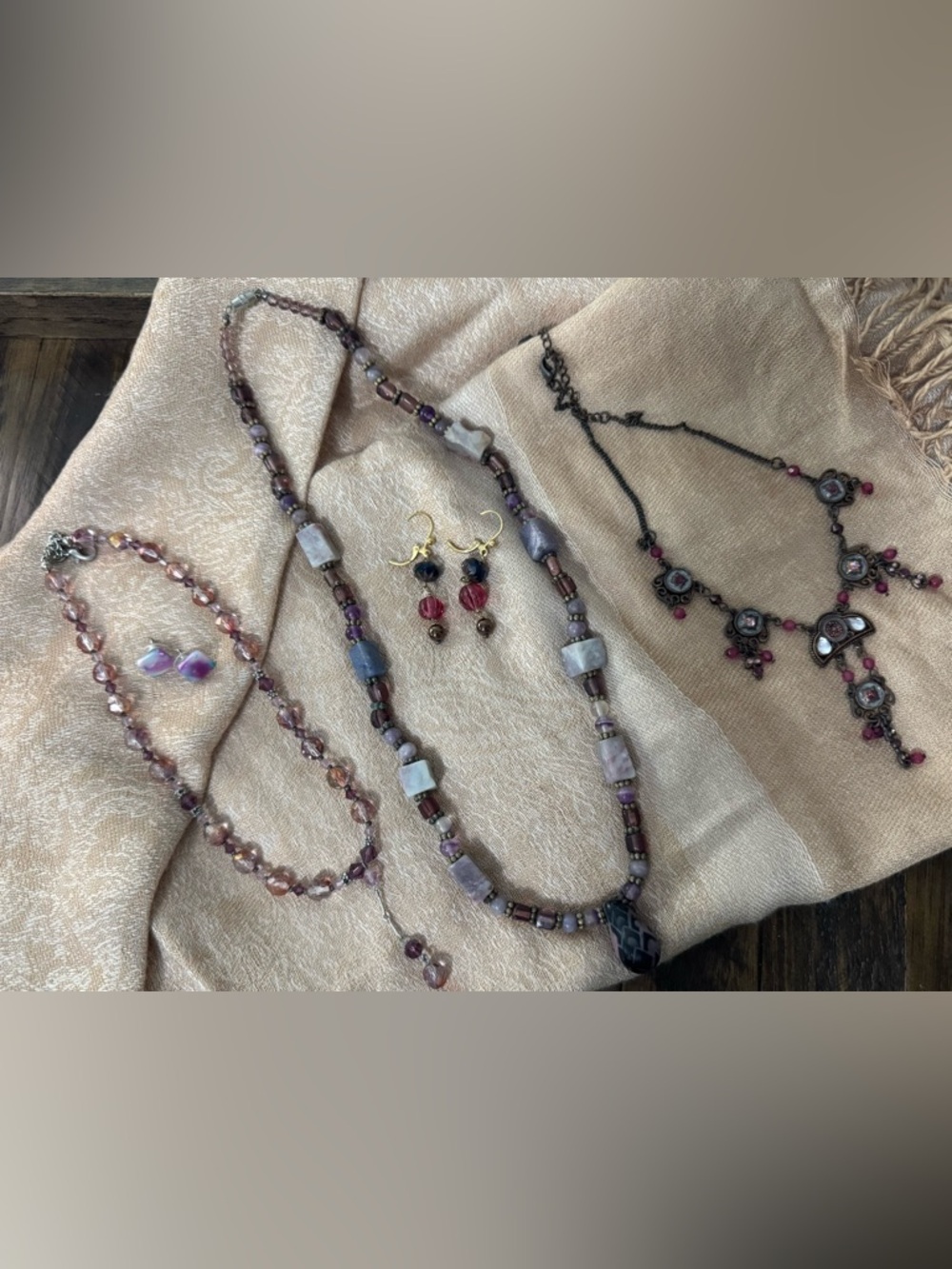 Vintage Plum & Lavender Jewelry Bundle - Beaded Tassels & Natural Stones